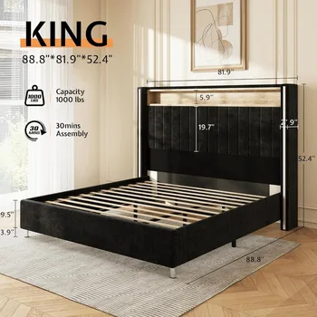 Jocisland King Size Bed Frame with LED Lights and Charging Station, Velvet Upholstered Platform Bed with 53 2