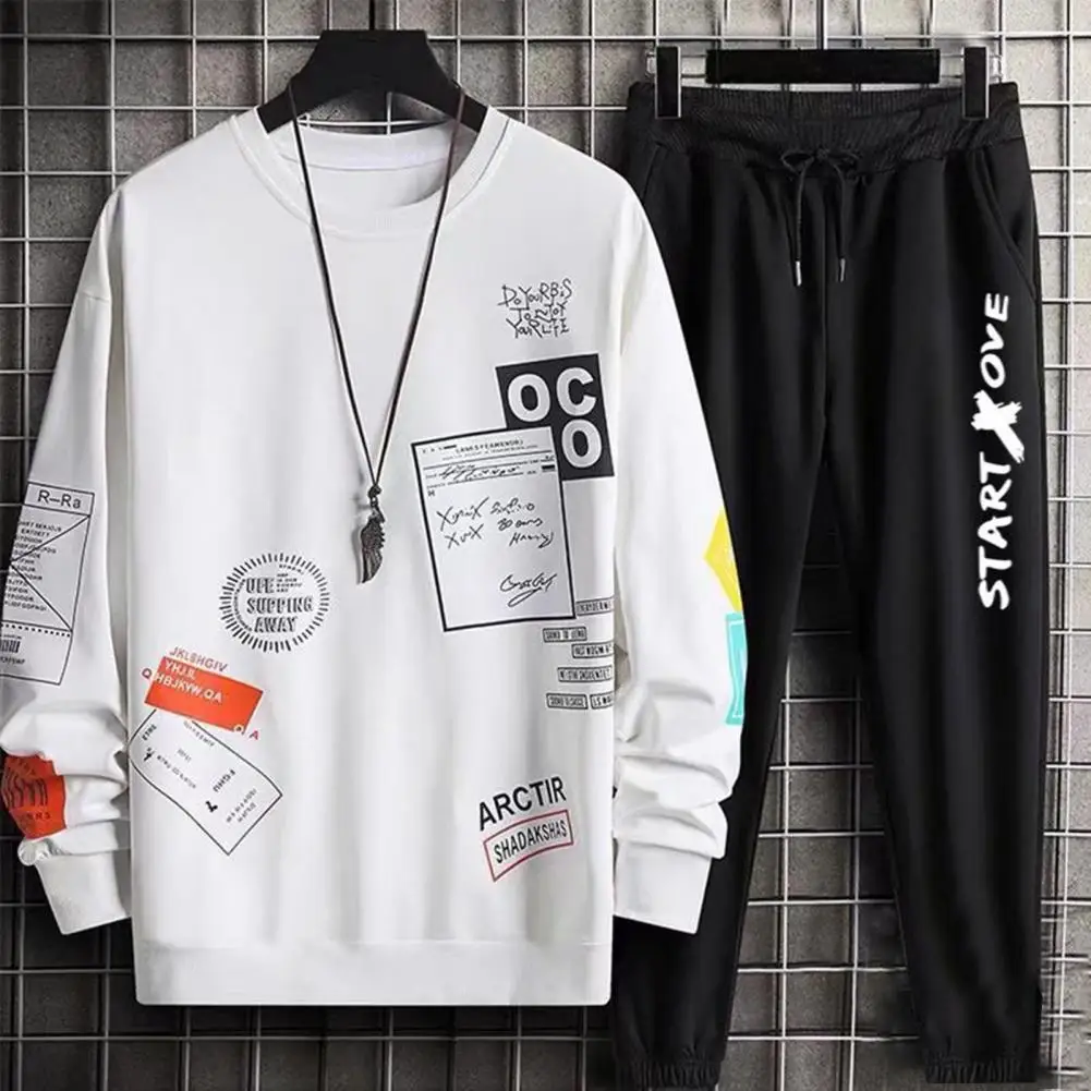 

Men Jogging Suit Lettering Prints Tracksuit Men's Hip Hop Letter Print Sweatshirt Trousers Set with Drawstring Elastic for Fall