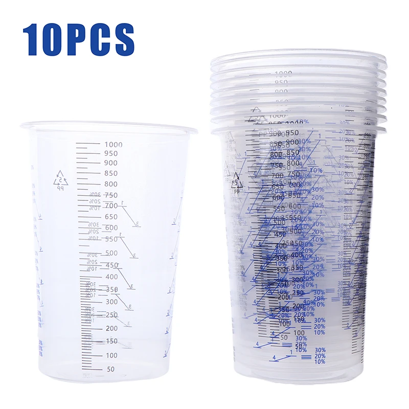 새로운 10 Pcs 페인트 혼합 교정 컵 플라스틱 페인트 혼합 컵 1000Ml 페인트 및 액체의 정확한 혼합을 위한 혼합 용기