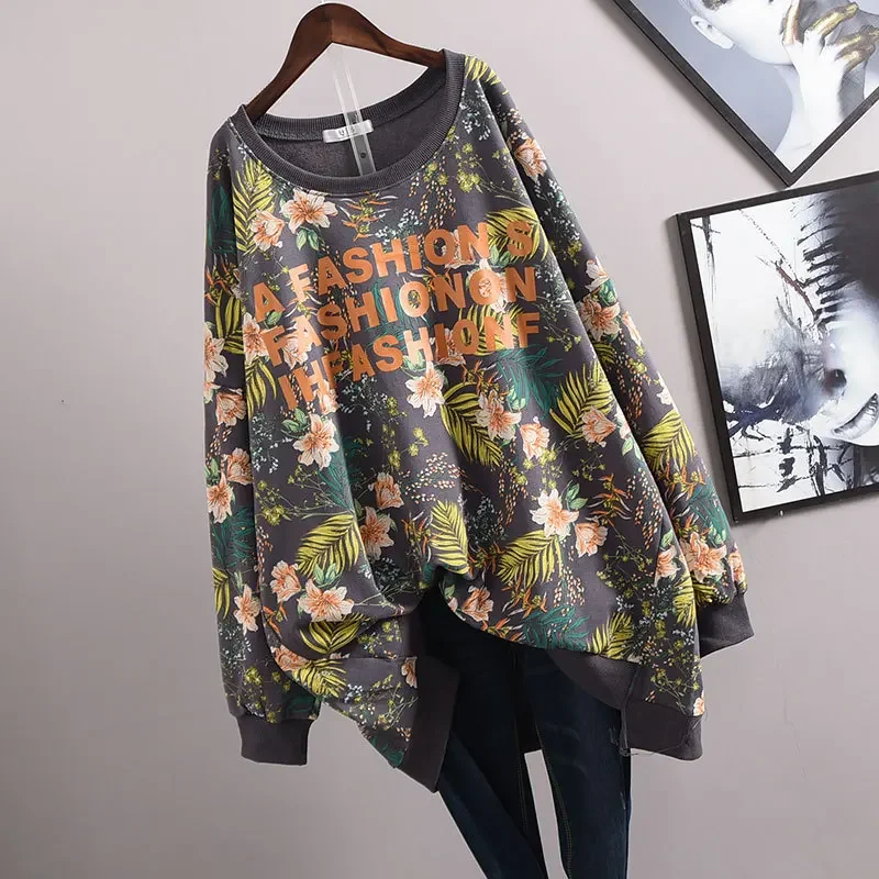 Fall 2023 New Women's Retro Floral Loose Mid-length Long-sleeved Fashion T-shirt Casual Plus Size All-match Top
