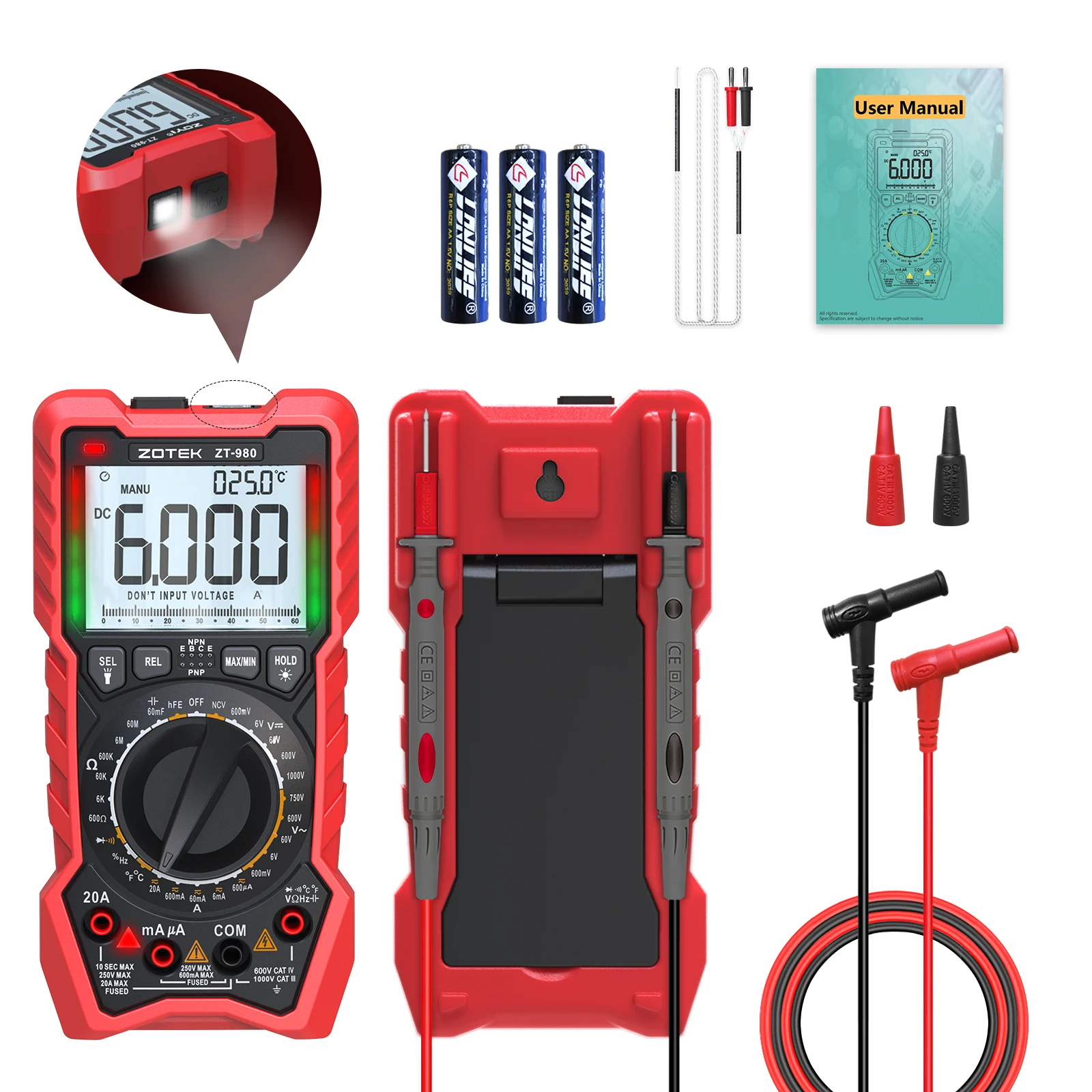 ZOTEK ZT-980 digital multimeter tester true RMS 6000 counts high precision display NCV measures voltage current resistance
