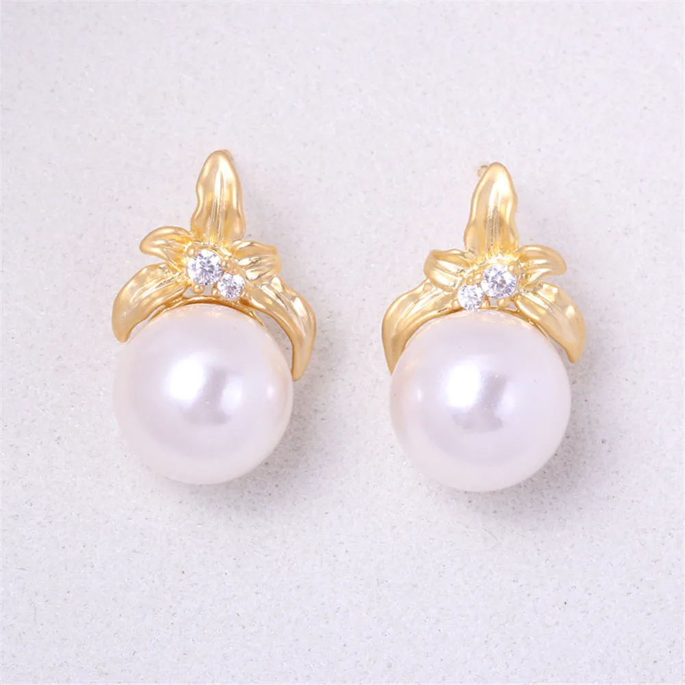 DIY Pearl Accessories Empty Tray Copper Plated 18K Gold Petals Zircon Pearl Stud Earrings Simple Personality Woman