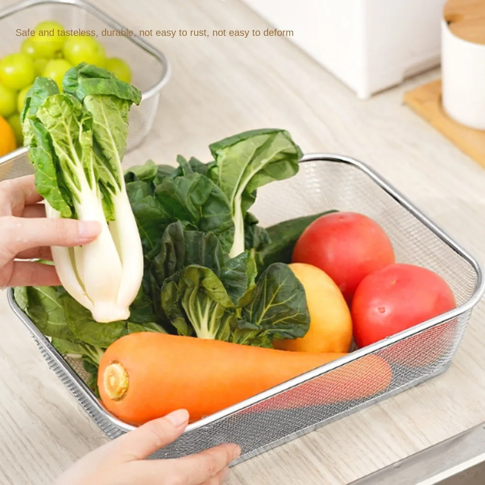 Simple Square Drain Basket Stainless Steel Thickened Fruit Snack Plate Hollow Out Rice Washing Basin