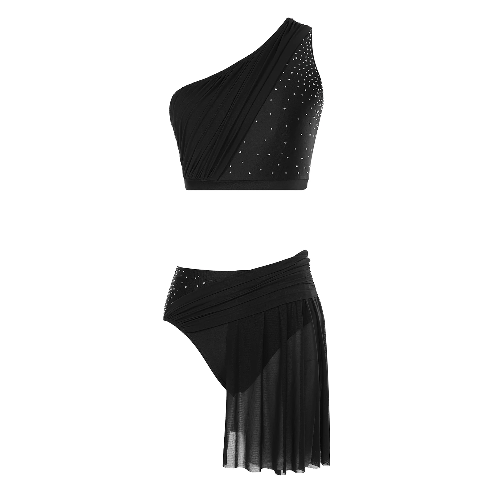 thumbnail image 1 of Traje de danza lírica de Ballet para patinaje artístico y gimnasia con diamantes de imitación para mujer, Top corto fruncido con falda dividida, trajes superpuestos de baile, 1 of 5