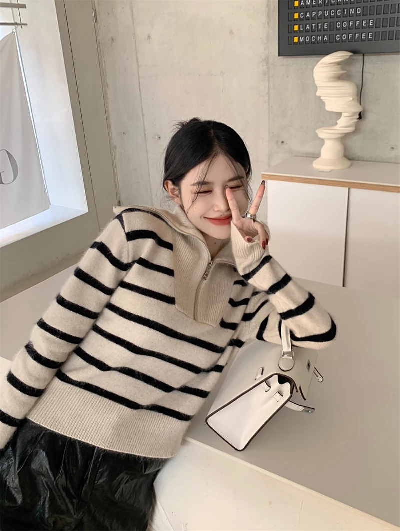 Women's Striped Sweater Zip Thick Fall Loose Turtleneck Knit Jumper Turn-down Collar Casual Oversize Fashion Women Sweaters