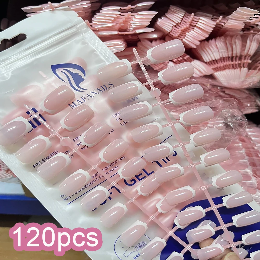 120pcs 손톱 팁에 창백한 핑크 프렌치 프레스 광택 짧은 사각형 프렌치 풀 커버 가짜 손톱 부드러운 무해한 달콤한 봄 거짓