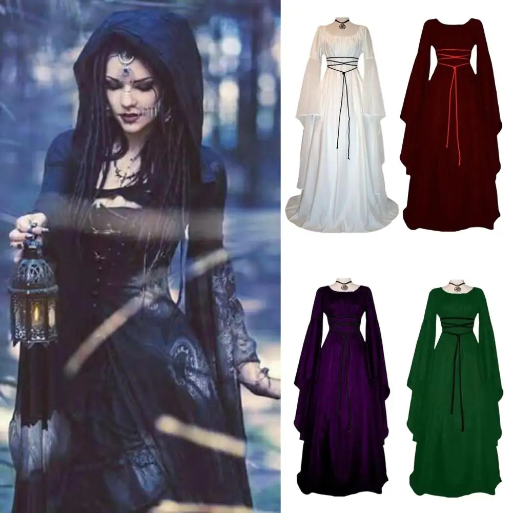 Vestido Medieval De Mujer Con Mangas Acampanadas Y Cintura Alta, Estilo Renacentista Con Cordones Y Bolsillos