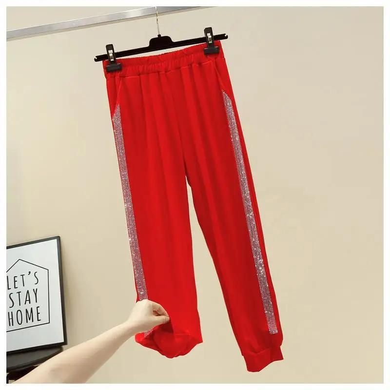 Women Clothing 2024 Summer Fashion Rhinestone Sports Joggers High Waist Harem Pants Female Casual Solid Pockets Loose Sweatpants