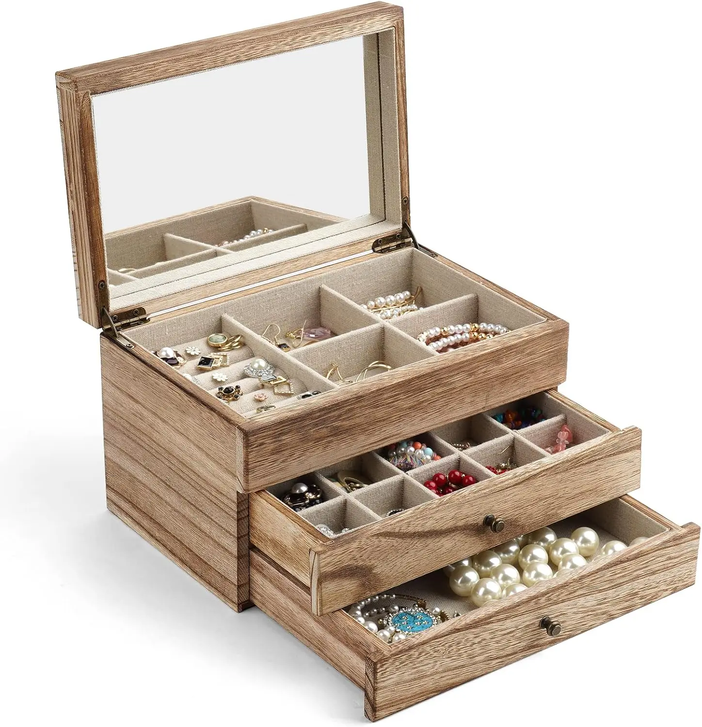 

Jewelry Box Organizer for Women, 3 Layer Large Jewelry Storage Case, Rustic Wooden Jewelry Box with Mirror