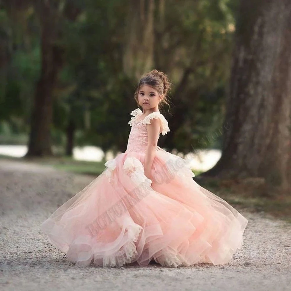 

Pink Puffy Appliques Layered Lace Princess Flower Girl Dresses Ball Gown Girl Birthday Wedding Party Dresses Personalised