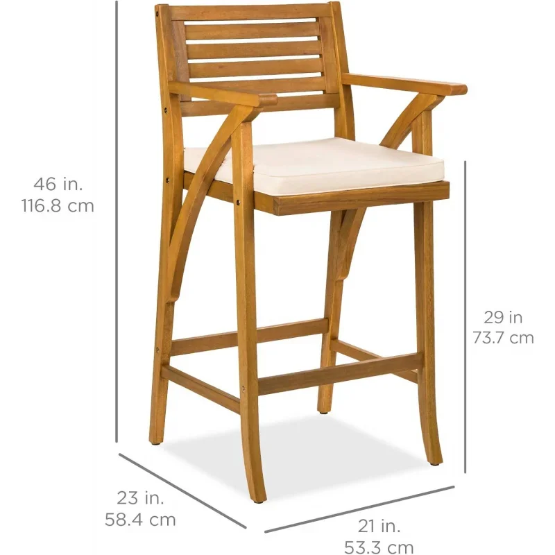 Set of 2 Outdoor Acacia Wood Bar Stools Bar Chairs for Patio, Pool, Garden w/Weather-Resistant Cushions-Teak Finish