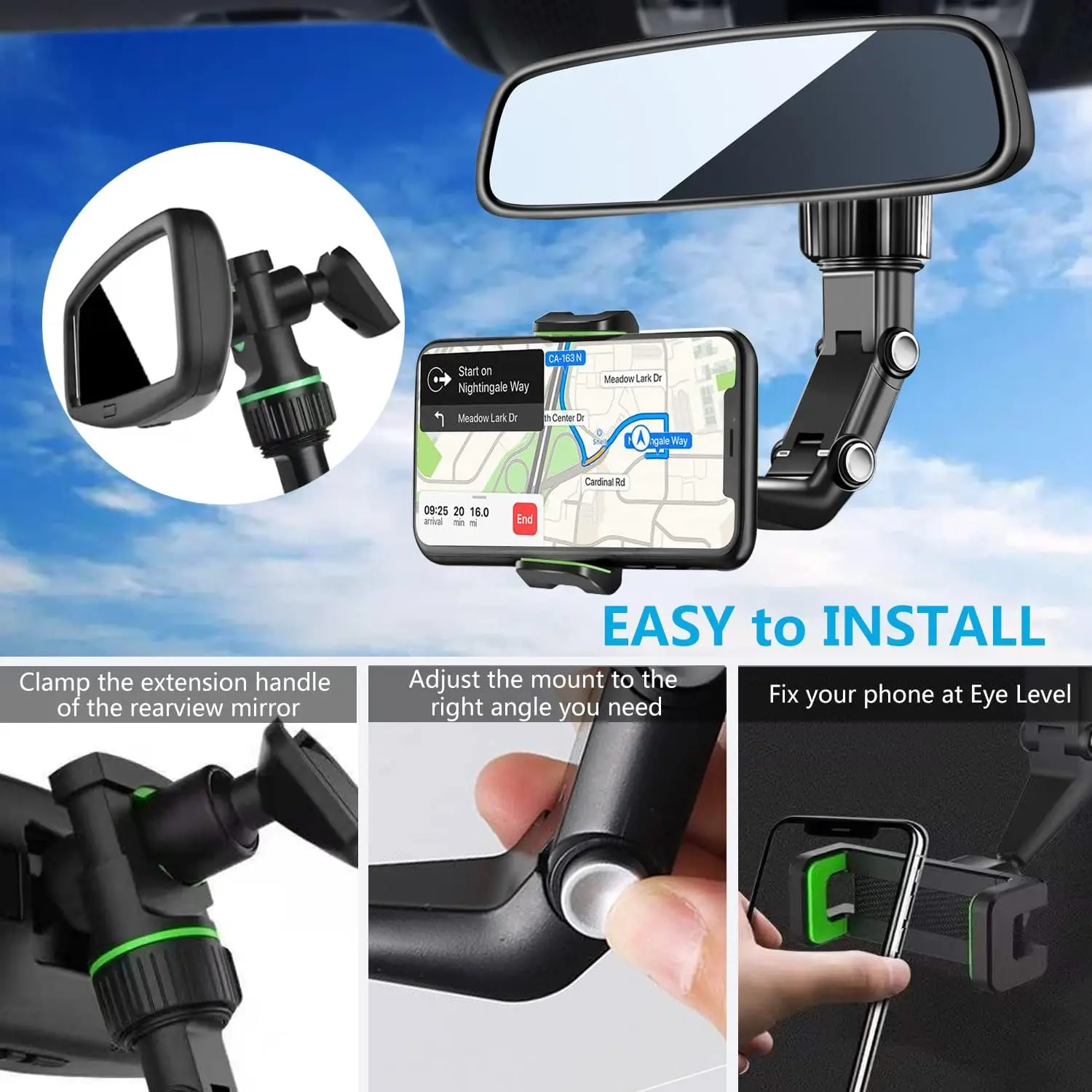 360° Rotatable & Retractable Rearview Mirror Phone Mount - Multifunctional Car Holder