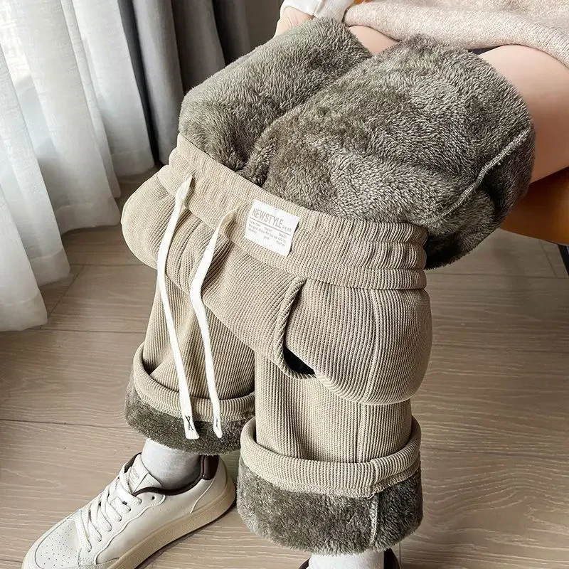 Thickened Fleece Lined Warm Cotton Pants Wide Leg Pants Women Autumn Winter Shiny Corduroy Straight Leg Trousers - Image 4