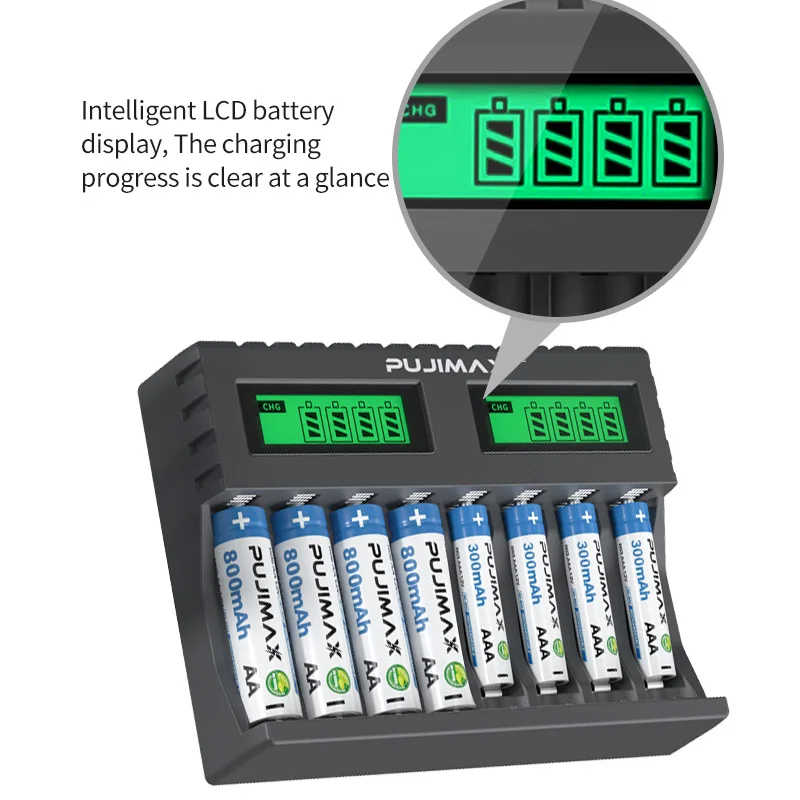 PUJIMAX 8-slot Battery Charger Suitable AAA/AA Rechargeable Battery Short Circuit Protection LED Display Ni-MH/Ni-Cd USB Charger