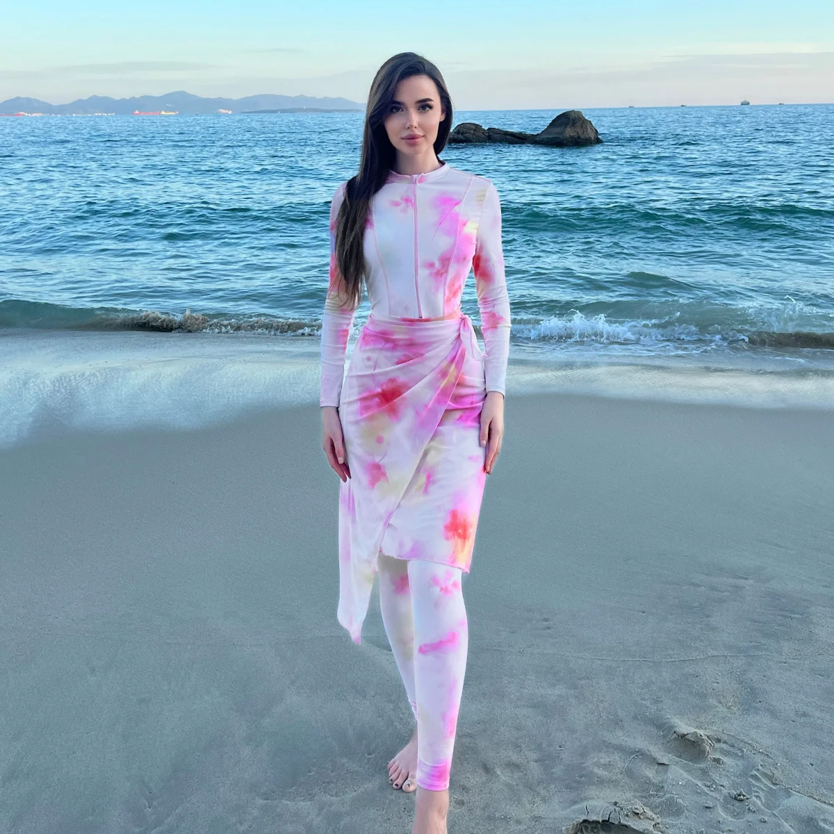 3pcs New Burkini Femmes Muslim Modest Swimwear Long Sleeved with Romantic Pink Gauze Swimsuits Arabic Swimwear SPF50+ Beach Wear