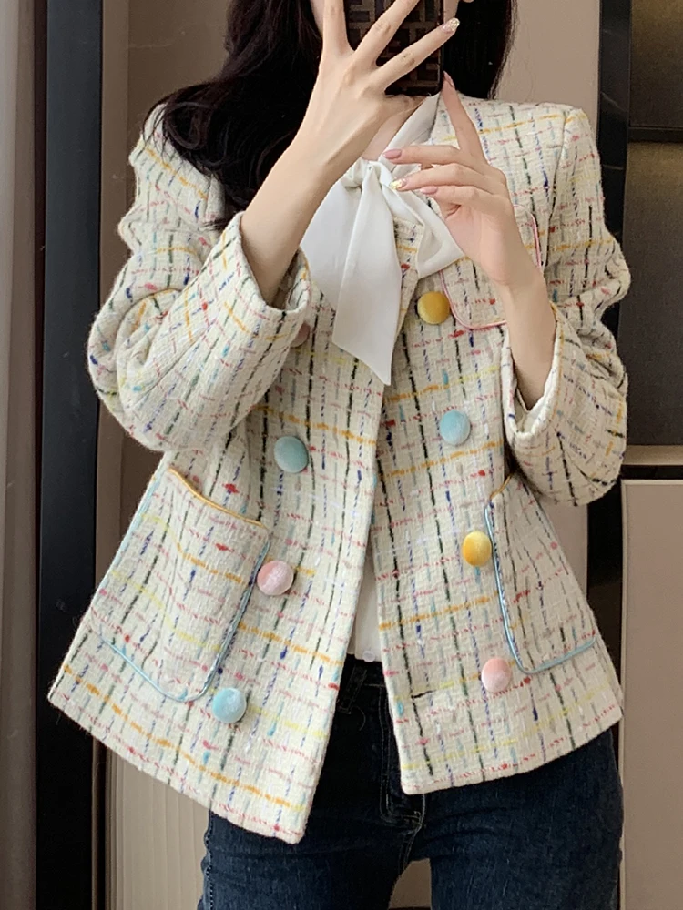 QOERLIN High End Women's Long Sleeve Double-Breasted Tweed Jacket with Pocket Elegant Slim Fit Work Office Business Tweed Blazer