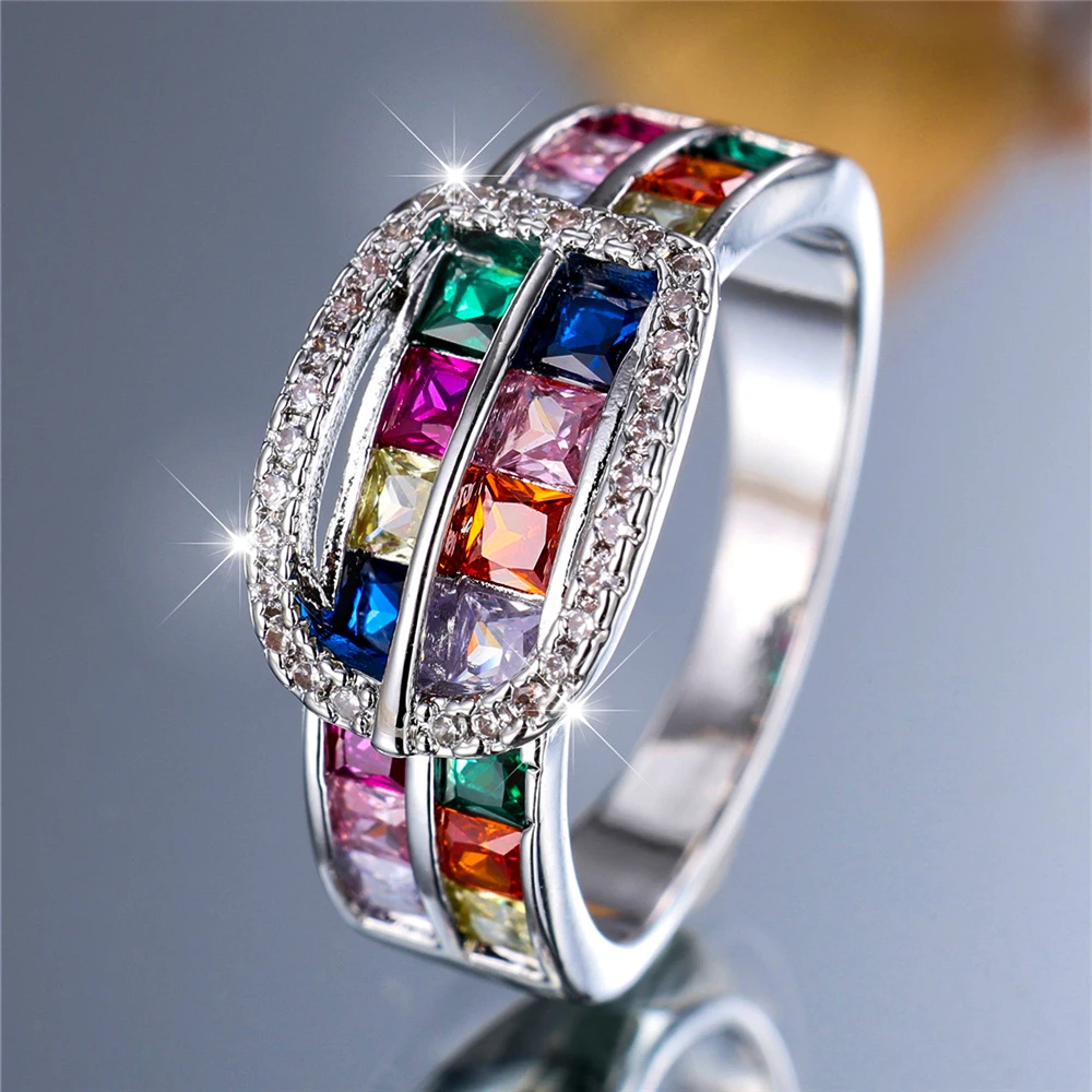Luxury Female Small Rainbow Zircon Stone Finger Ring Vintage Silver Color Wedding Band Bridal Jewelry For Women