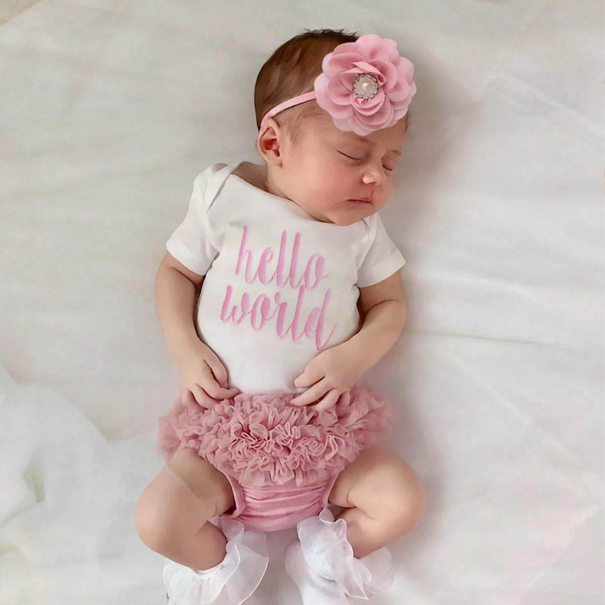 Ylsteed – ensemble de photographie pour nouveau-né, combinaison à manches imprimées avec lettres Hello World, avec slip et couvre-chef multicouches à volants
