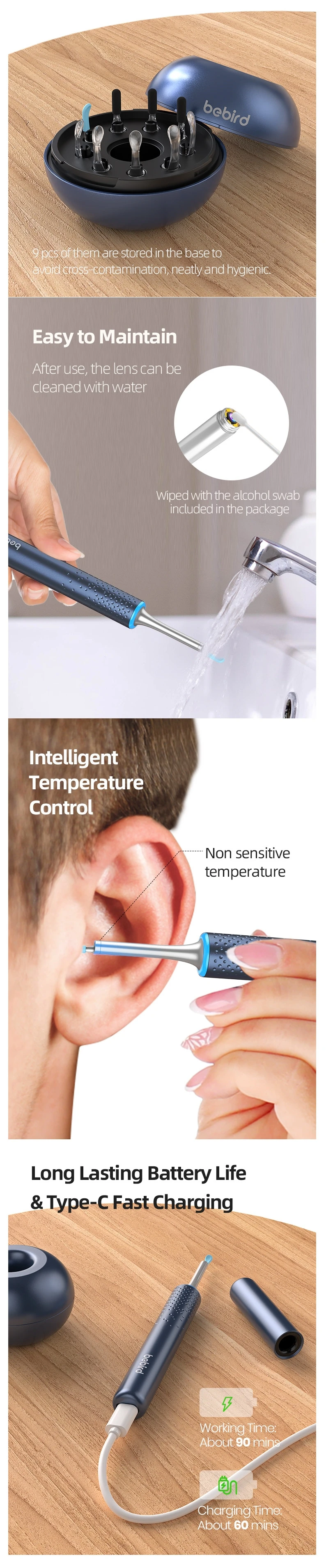 Description Picture 5 of itemBebird M9 Ear Cleaner Smart HD Visual Ear Wax Removal Stick Clean Endoscope Mini Camera Otoscope Borescope Ear Picker Tool Set