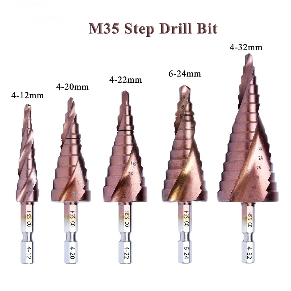 M35 5% Cobalt HSS Step Drill Bit HSS CO HSSCO High-Speed Steel Cone Hex Shank Metal Drill Bits Tool Set Hole Cutter For Stainles