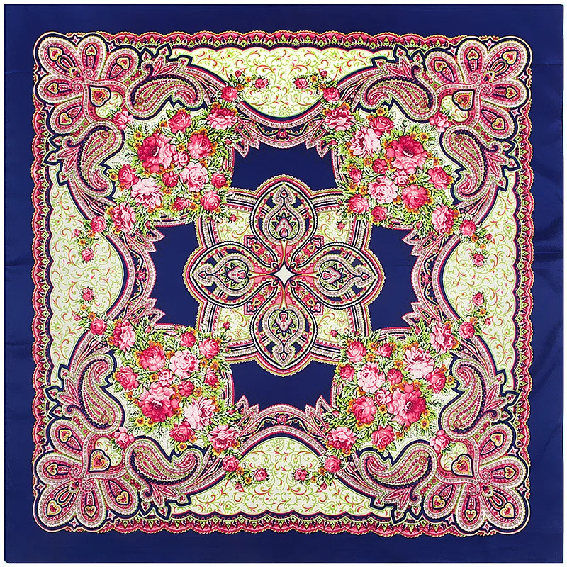 

100*100cm Russian Floral Printed Silk Scarf Women Luxury Square Bandana Shawl Ethnic Handkerchief Babushka Hijab Head Wraps