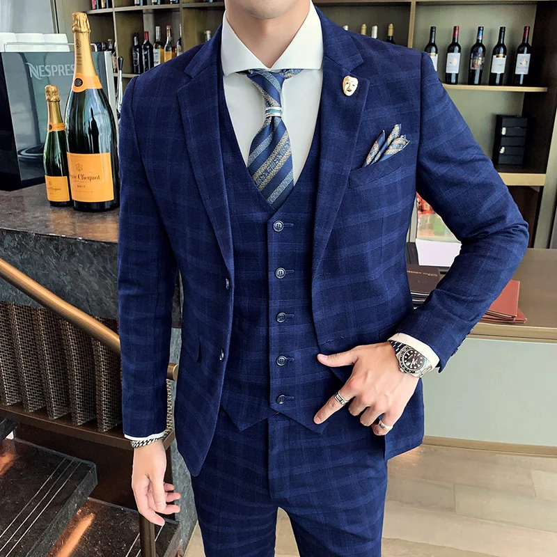 Plaid  (suit + Waistcoat + Trousers) Wedding Dress Fashion and Handsome Fashion British Style Slim-fit Business Three-piece Set 2