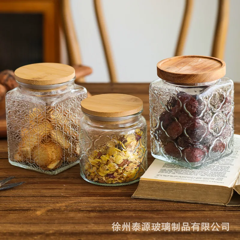 Vintage Square Embossed Glass Jar Acacia Wood Lid Sealed Jar Cylindrical Kitchen Storage Bottle Sugar Food Storage Container New 3