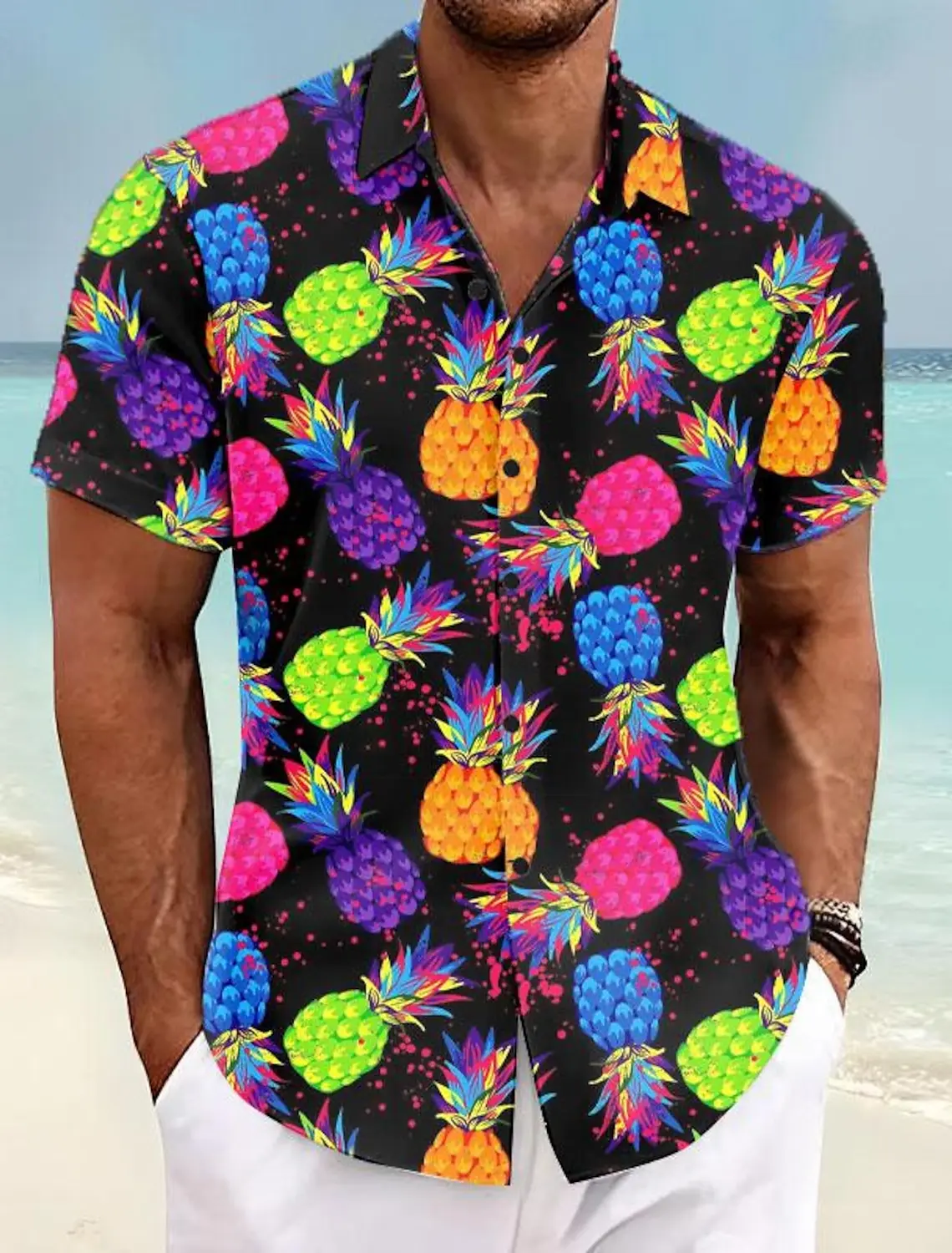 thumbnail image 1 of Camisa de hombre con estampado tropical de piña, camisa hawaiana de verano, informal, para vacaciones, verano, primavera, camisa de manga corta con cuello vuelto, tela elástica, 1 of 4