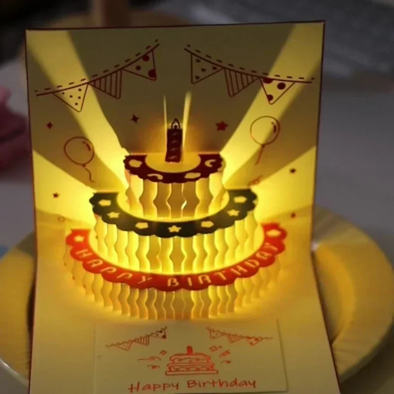 3D Musical Birthday Cake Card LED Light Pop-Up Greeting Cards Envelope All Occasion Girl Kid Wife Postcards