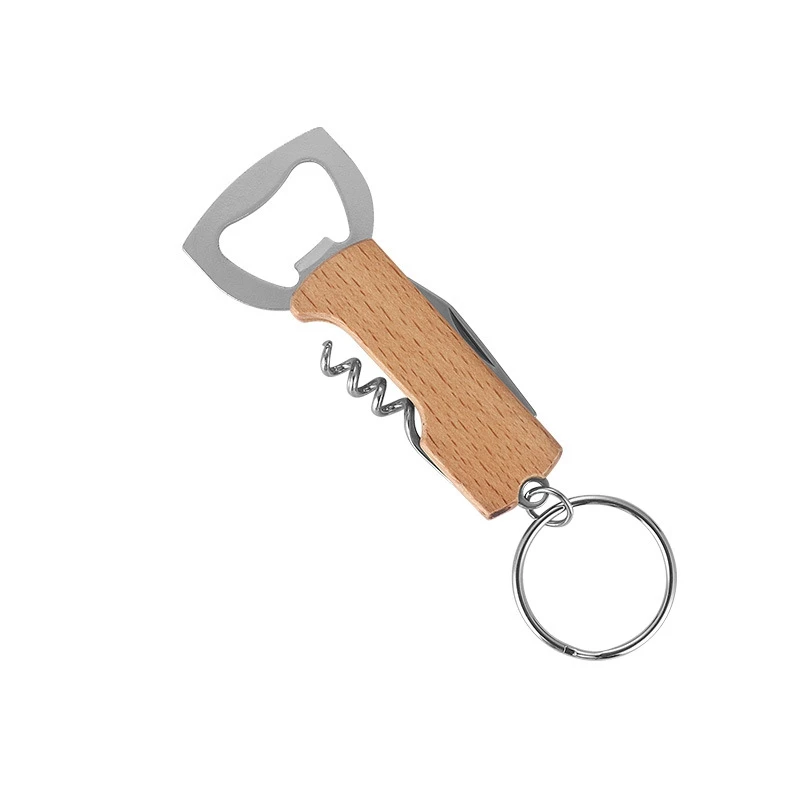 

3 in 1 Stainless Steel Keychain Beer Bottle Opener Multifunctional Wooden Handle Corkscrew Red Wine Openers Bar Party Tool