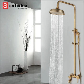 Sinlaku ชุดก๊อกน้ำฝักบัวห้องน้ำทองเหลืองโบราณ, ฝักบัวติดผนังหัวกลมพร้อมมือและหัวฝักบัวก๊อกผสมน้ำด้านล่าง 1