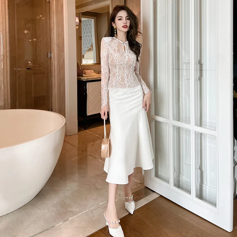 

2023 Summer Office Work 2 Piece Set for Women Lace Hollow Out Blouse Top and Midi Mermaid Skirt Ladies Sheer Two Piece Set