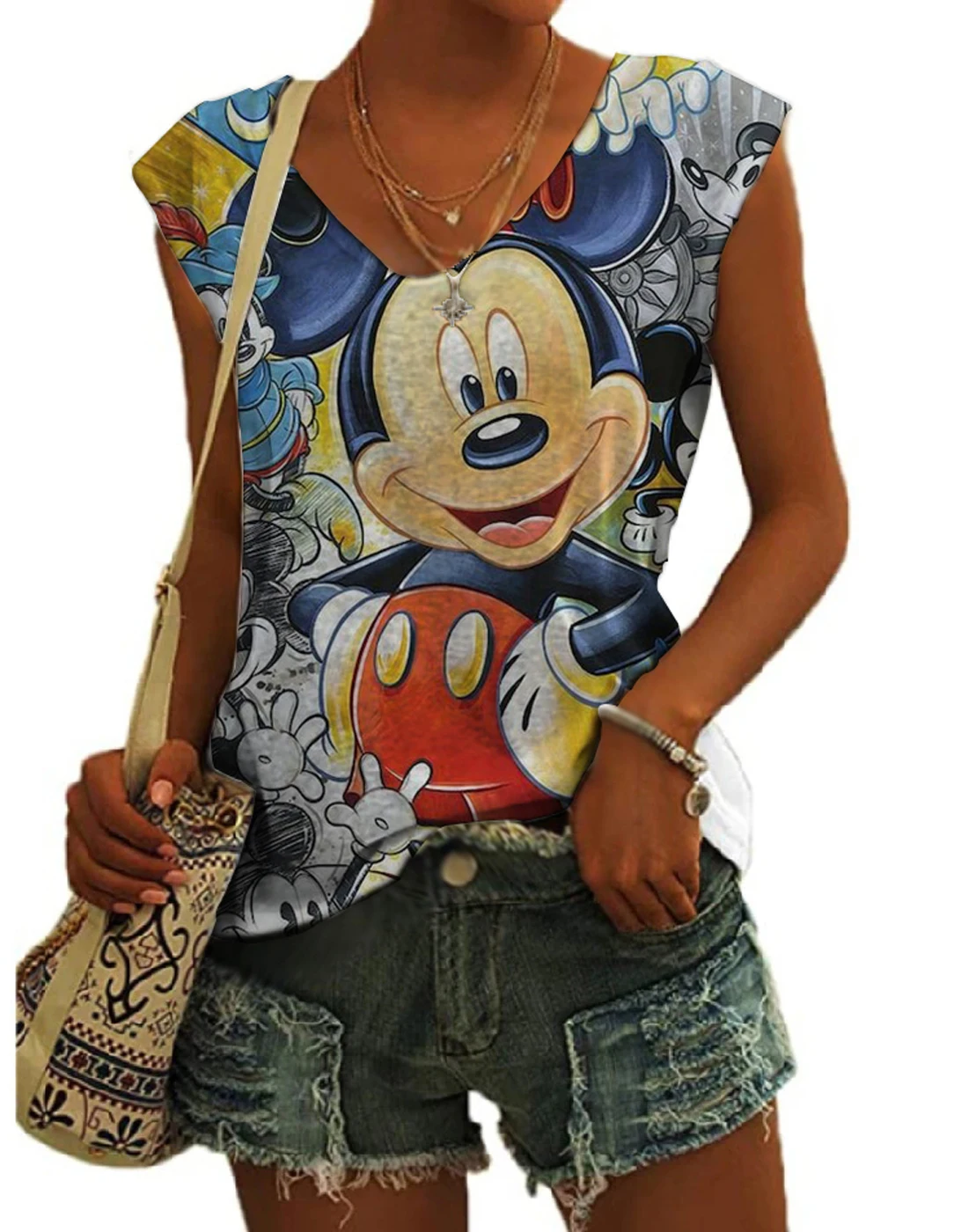 

Disney Mickey and Minnie Anime Print 2023 Summer Hot Sale New Streetwear Women V Neck Fashion Pattern Sleeveless Tank Top Y2K