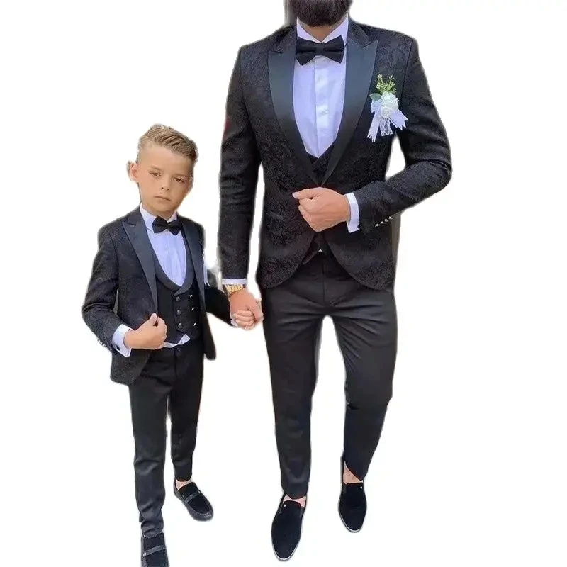 Black Jaquard Wedding Suits for Men Peaked Lapel Blazer Sets Custom Groom Tuxedos trajes de hombre boda Jacket+Vest+Pant