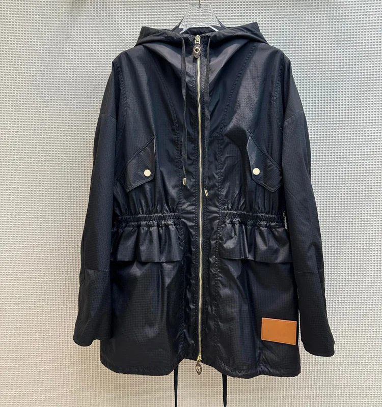 

2023 ruffled mid-length trench coat casual languid simple loose waist hooded cardigan spring and autumn