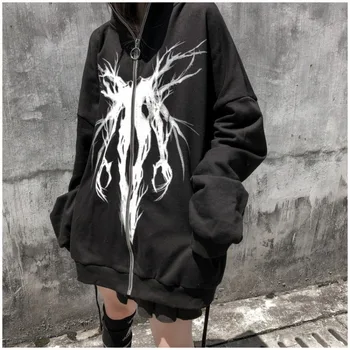 Hoodies Anime Loose Women's Sweatshirt 2024 Printing Zipper Men's Hooded O-Neck Female Jacket Zip Up Hoody Hoodie Black Y2K Top