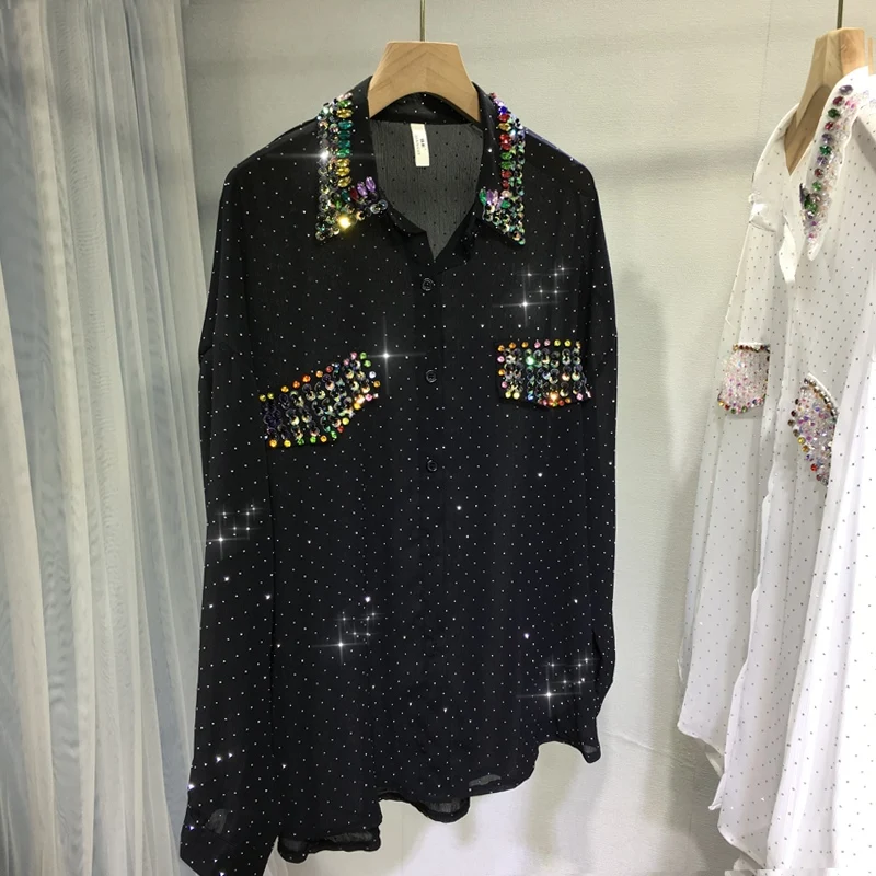 

Perspective Women Hot Drilling Chiffon Shirts Thin Sunscreen Diamonds Beading Blouses Rhinestones Sequined Cardigan Tops Blusas