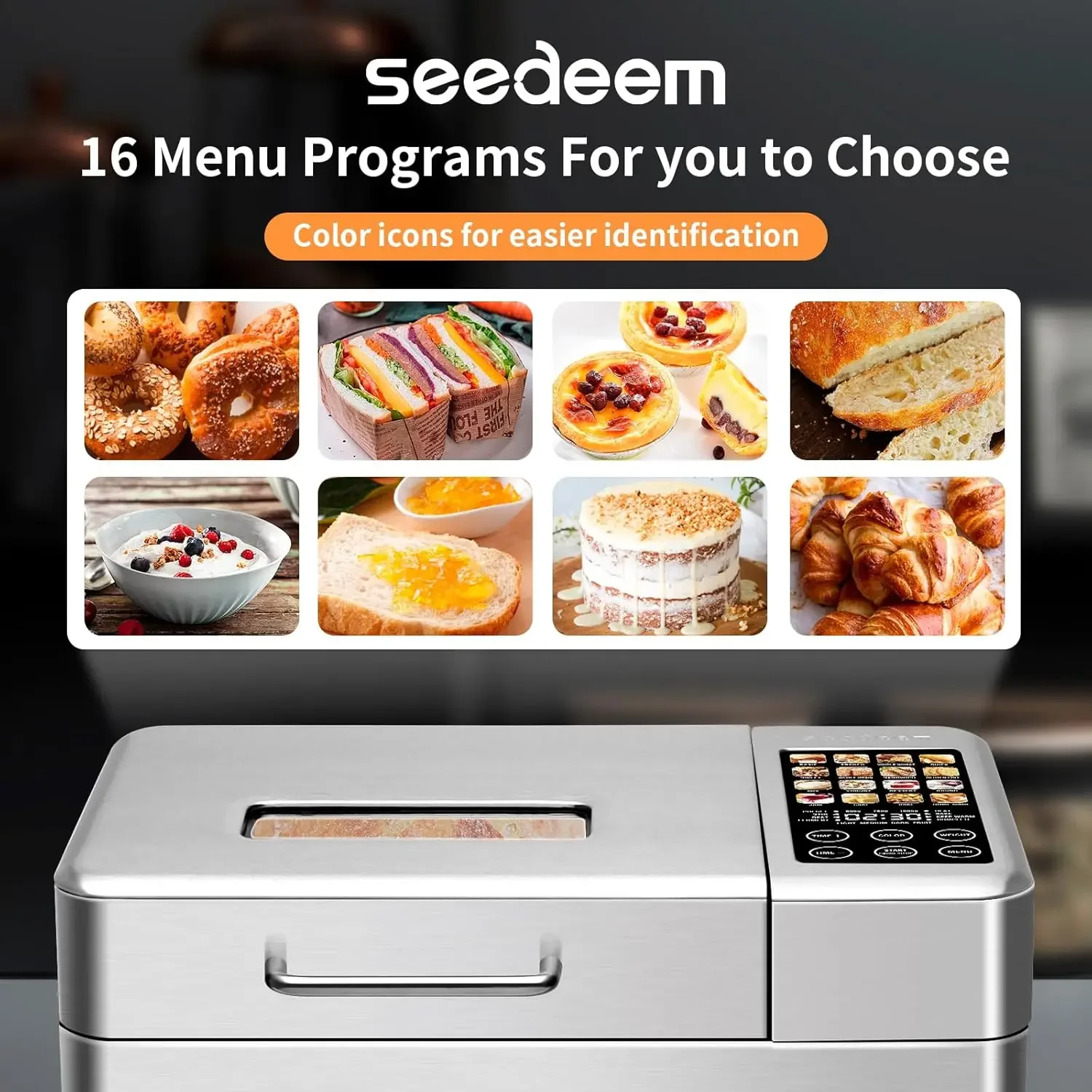 16 in 1 Bread Machine, 2.2LB Stainless Steel Bread Maker with Fruit and Nut Dispenser, Nonstick Ceramic Pan, 3 Crust Colors, 3 L 4