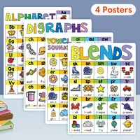 4Pcs/Set Children English Phonics A4 Posters Alpphabet Vowel Blends Digraphs Learning Chart Classroom Decoration Teaching Aid 1