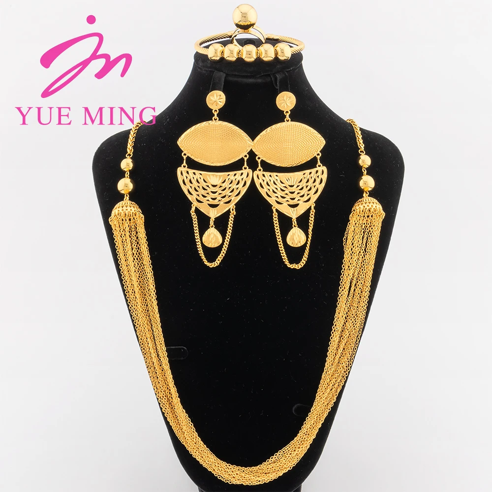 

YM Jewelry Sets For Women Luxury African Dubai Gold Color Earrings Wedding Tassel Necklace Cuff Bracelet Earrings Ring Jewelry