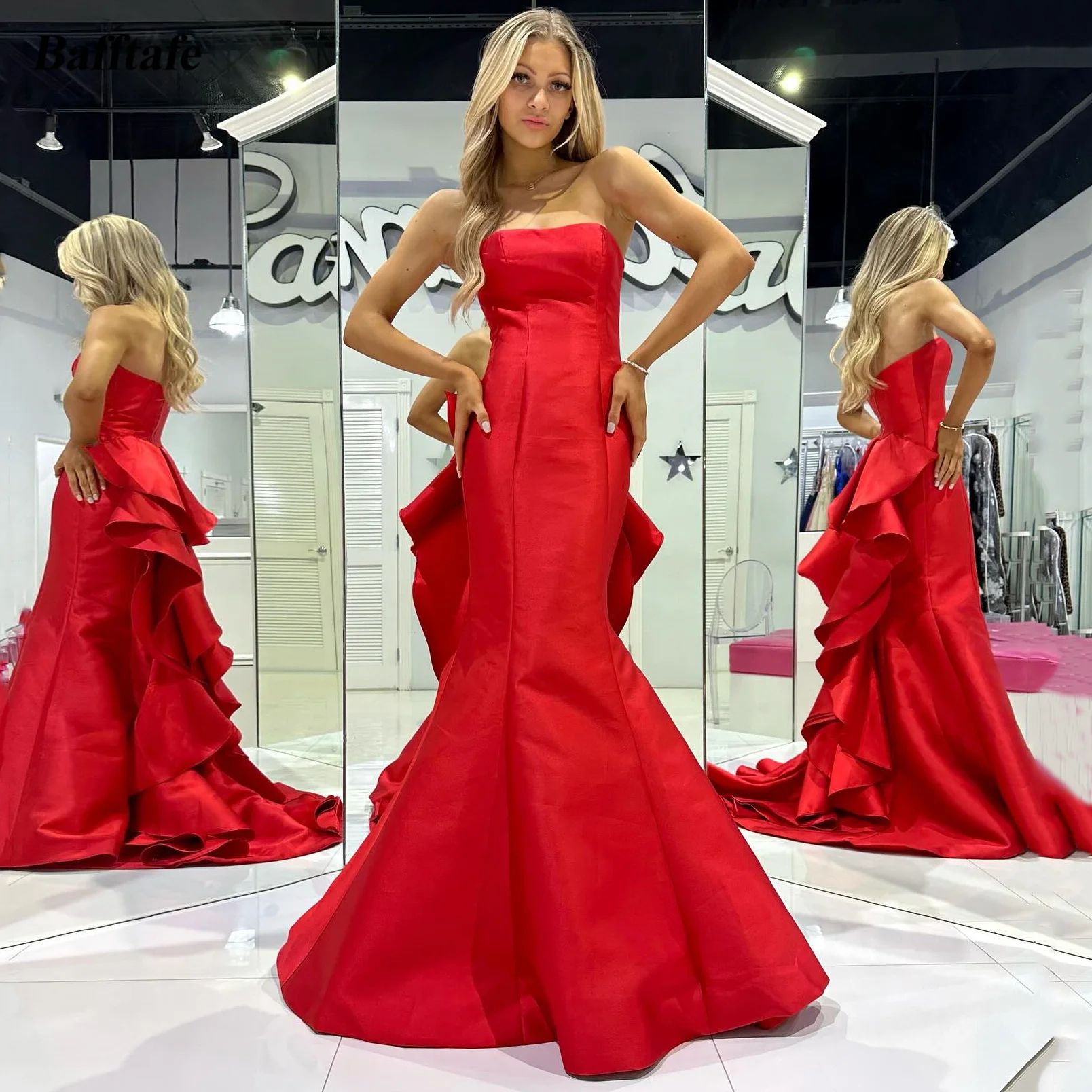 Bafftafe Red Mermaid Satin Prom Dresses Formal Ruffles Tiered Long Special Party Dress Abiti Da Sera Da Donna Robes De Soirée 2024