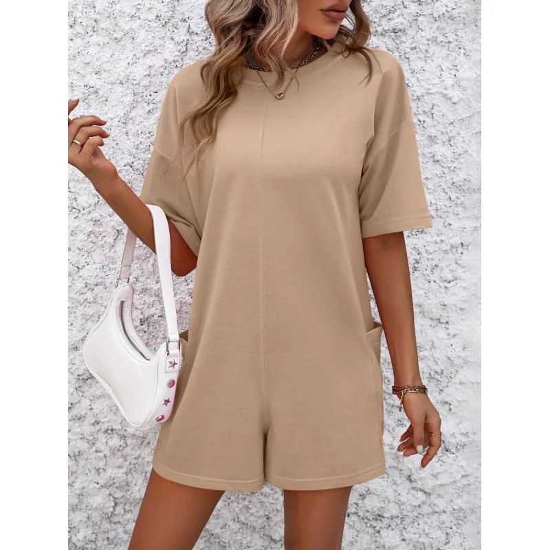 Summer New Women's Solid Color Crew Neck Spliced Casual Short Sleeve Fashion Loose Jumpsuit Backless Women's Outdoor Sportswear
