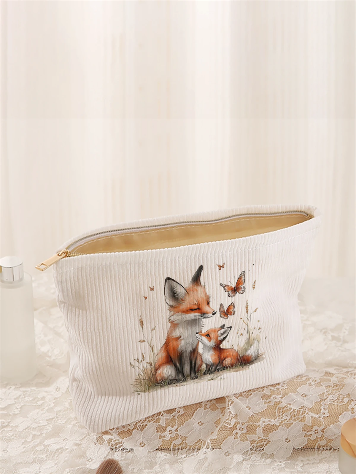 1pc fox print corduroy makeup bag, lightweight zipper makeup storage box, multifunctional bag with lining