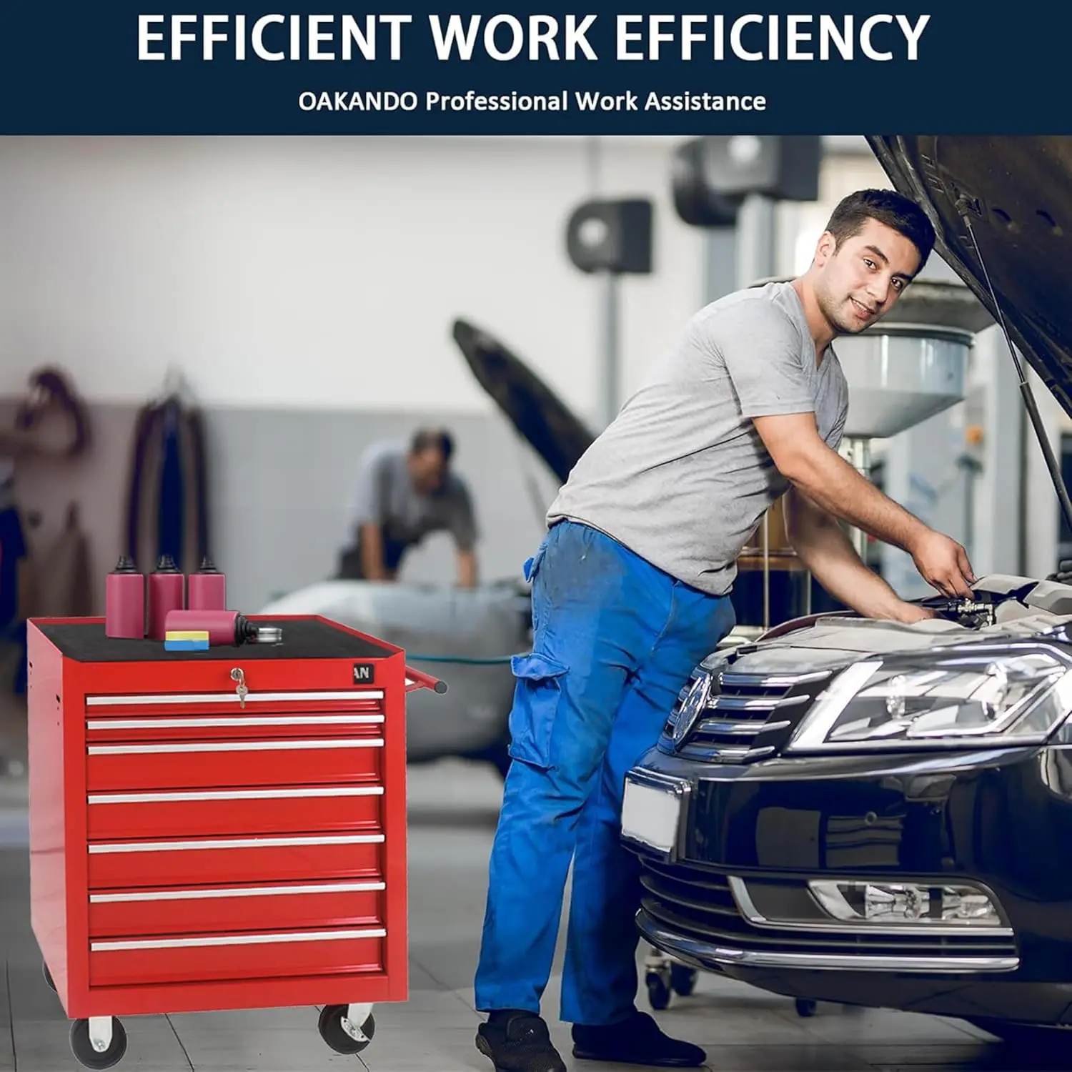 7 Drawers Rolling Tool Chest & Hand Box with Tools,Box with Wheels Pull Handle Key Locking,Complete Tool Kit with 4 Layers 3