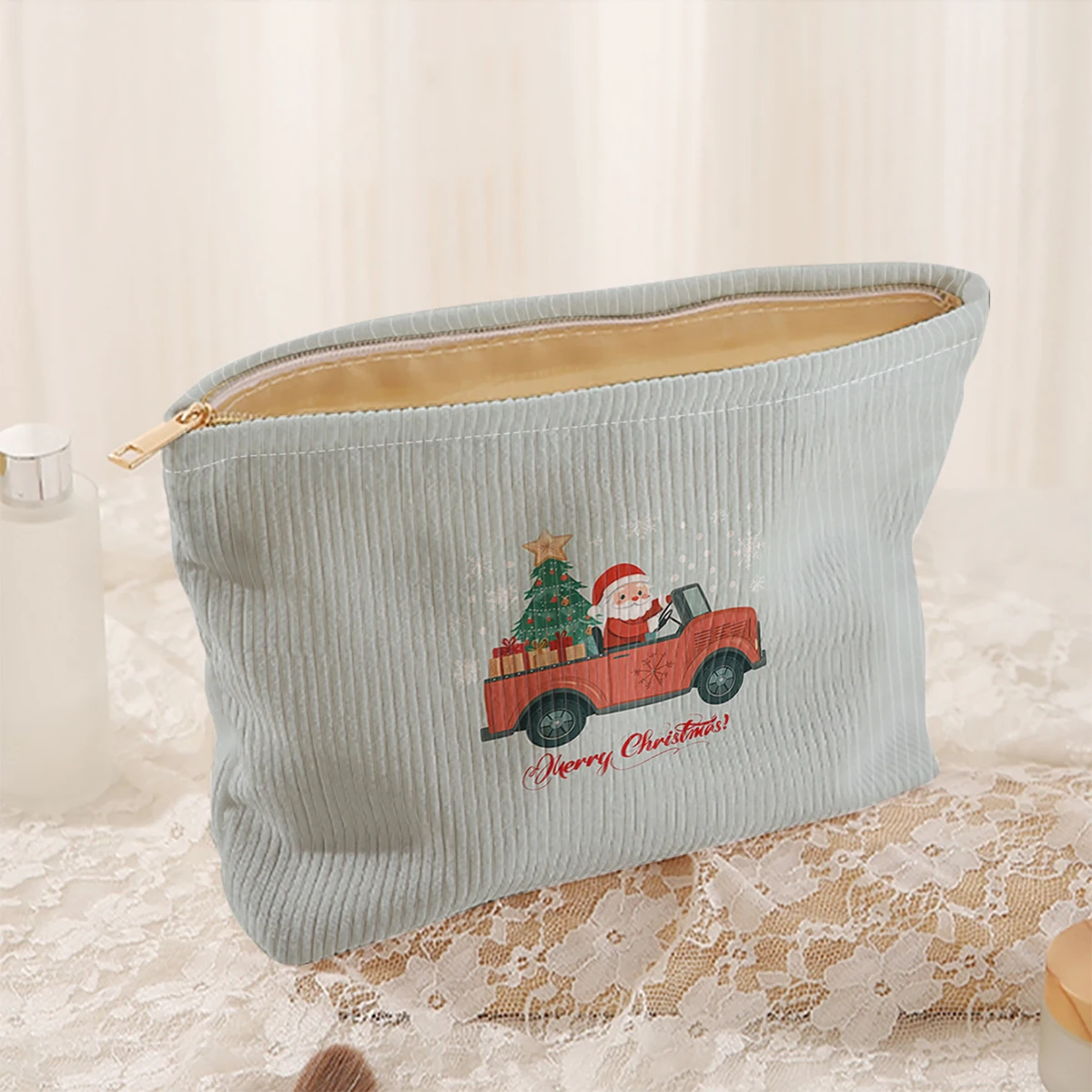1 Christmas themed corduroy makeup bag, lightweight zipper makeup storage box, multifunctional bag with lining