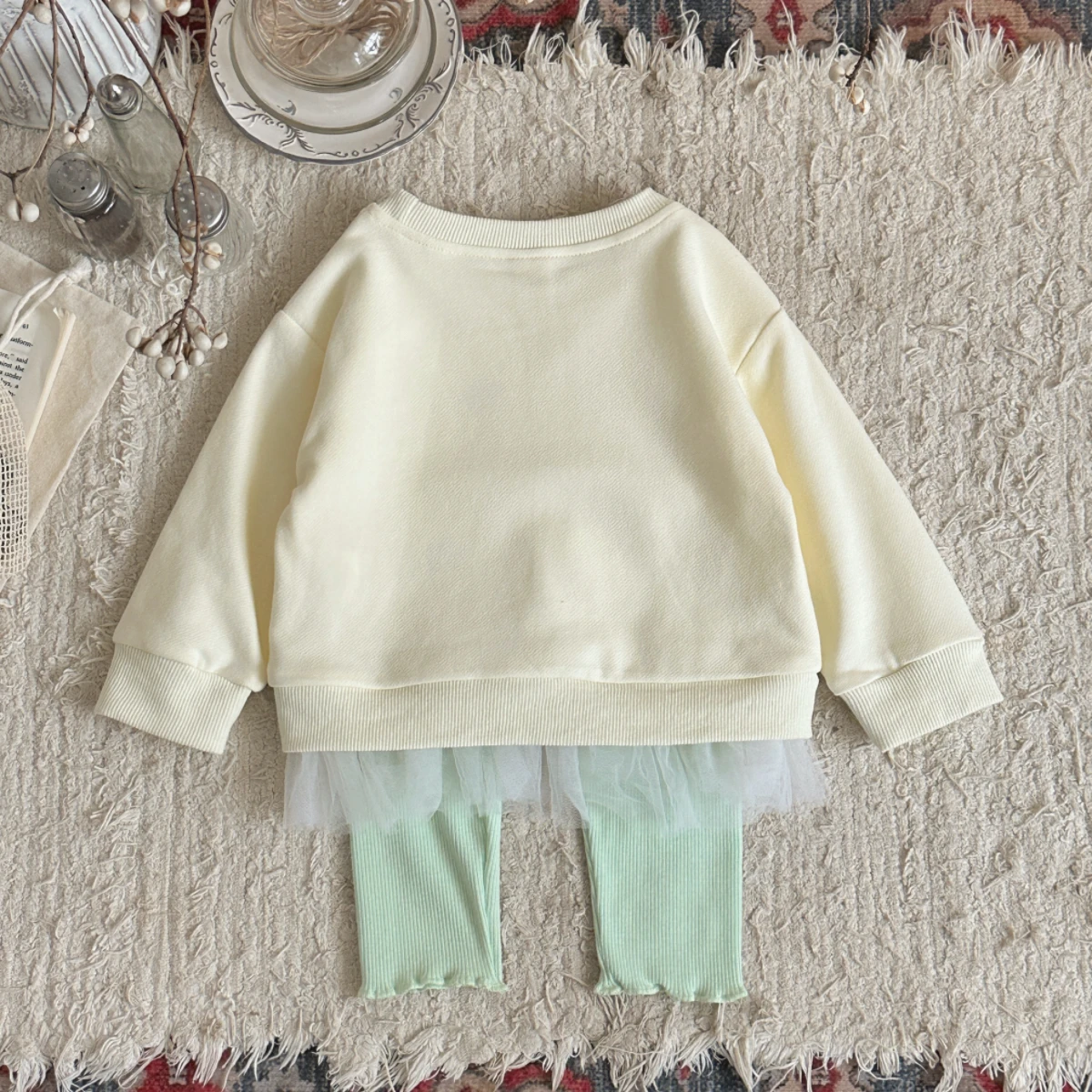 Baby Girl Floral Embroidered Lace Hem Sweatshirt and Elastic Pants Outfit