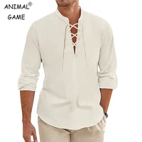 Chemise Vintage à manches longues pour hommes, haut Viking médiéval en coton, Costume d'halloween, t-shirts respirants pour hommes, chemises de Yoga, nouvelle collection 1
