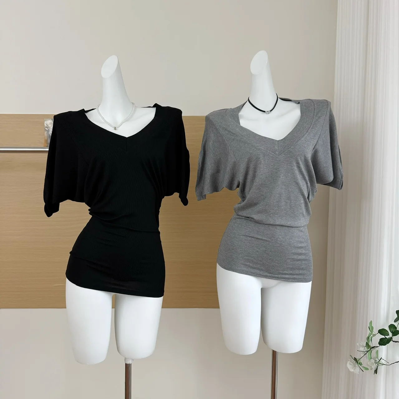 Women's Summer Batwing Sleeve V Neck Elastic Solid Color T Shirt Lady Casual Streetwear Pullover Short Sleeve Slim Tee Top 3