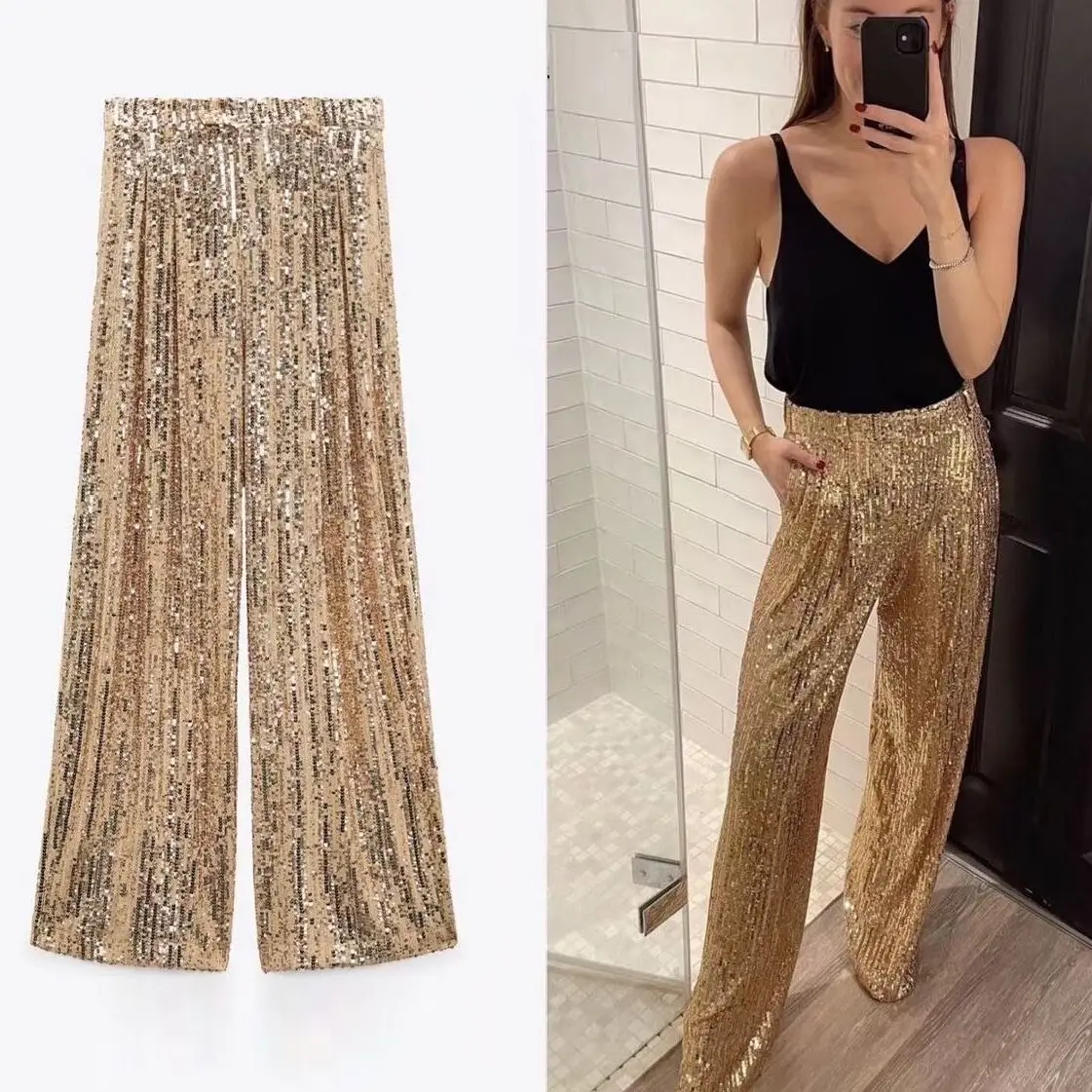 

We.Fine Trousers Women Pants Fashion Baggy Elastic Sweatpants Slim Harajuku Pearlescent Sequin Straight Sequin Pants Quality Leg