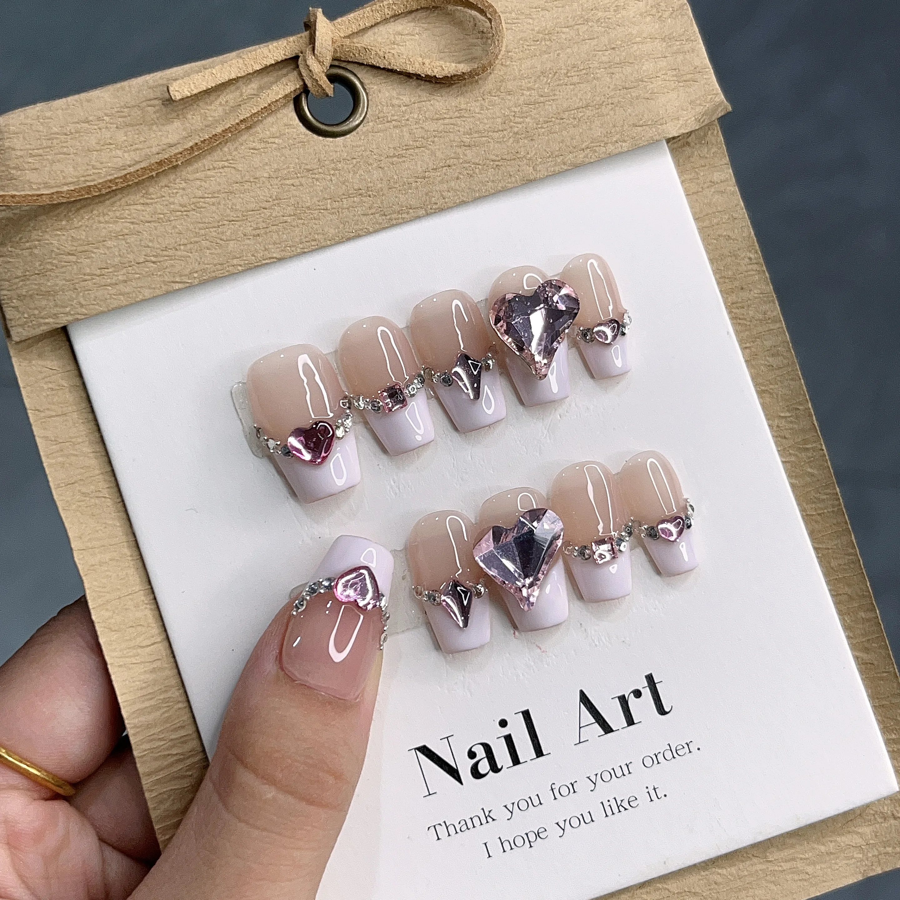

Pink Tender Sticker Diamond Sparkling French Hearts Handmade Press On Nails In Emmabeauty Store.No.24275